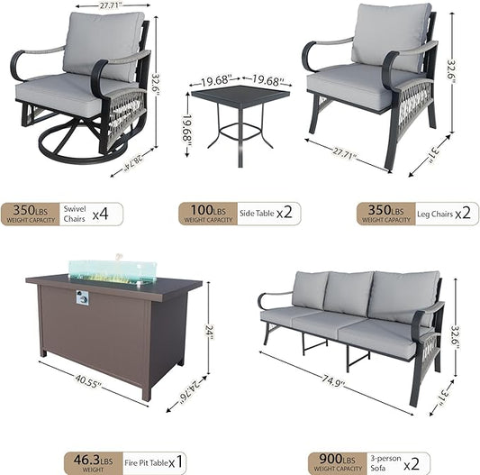 11 Pieces Patio Conversation Sets, All Weather Metal Outdoor Furniture Set, 2 Three-Seater, 4 Swivel Rockers, 2 Single Chairs, 2 Side Tables, 1 Fire Pit Table for Backyard Deck Porch Poolside, Gray