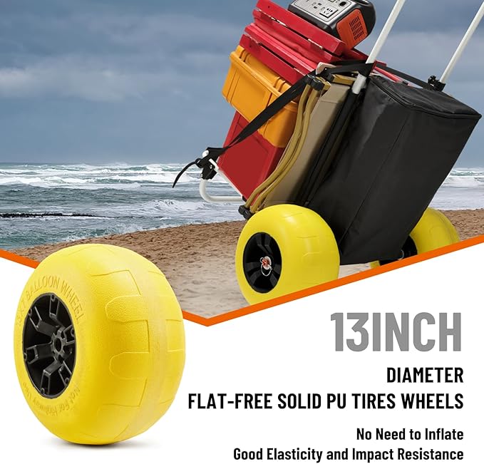 Beach Fishing Cart, 13” Big Balloon Wheels w/Flat-Free Solid PU Tires for Sands, 165LBS Loading Folding Sand Cart & 33.1" to 51.6" Adjustable Height, Beach Buggy Cart w/Storage Bag, No Rust