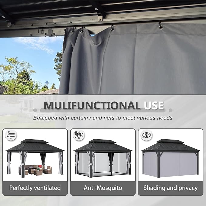 Aoxun 12Ft X 16Ft Hardtop Gazebo, Aluminum Metal Outdoor Gazebo with Breathable Netting and Curtains, Galvanized Steel Double Top, Permanent Patio Pavilion for Backyard, Wedding, Party
