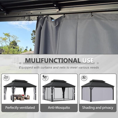 Aoxun 12Ft X 16Ft Hardtop Gazebo, Aluminum Metal Outdoor Gazebo with Breathable Netting and Curtains, Galvanized Steel Double Top, Permanent Patio Pavilion for Backyard, Wedding, Party