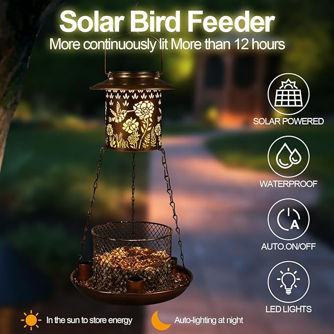 Hummingbird Solar Bird Feeder for Outdoor Hanging Gifts for Women Mom Grandma Metal Wild Birdfeeder Garden Lantern Decor Lanterns Outside for Yard, Patio, Lawn, Pathway, Landscape