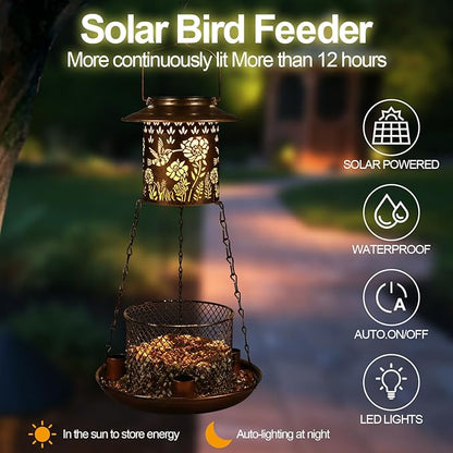 Hummingbird Solar Bird Feeder for Outdoor Hanging Gifts for Women Mom Grandma Metal Wild Birdfeeder Garden Lantern Decor Lanterns Outside for Yard, Patio, Lawn, Pathway, Landscape