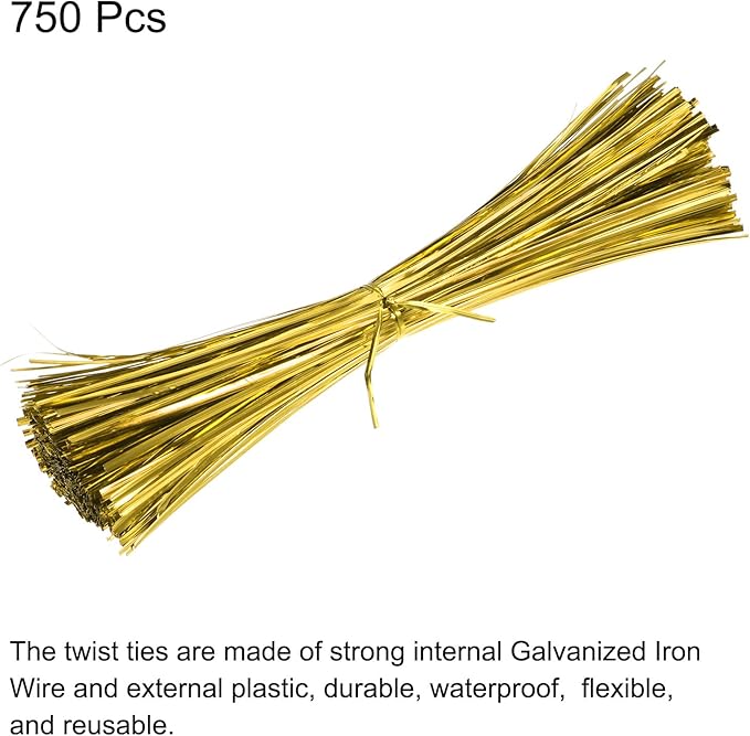 MECCANIXITY Foil Twist Ties 12" 30cm Metallic Plastic Closure Tie for Tying Bread, Candy, Cookies, Gift Bags Arts Crafts Ties Gold Tone Pack of 750