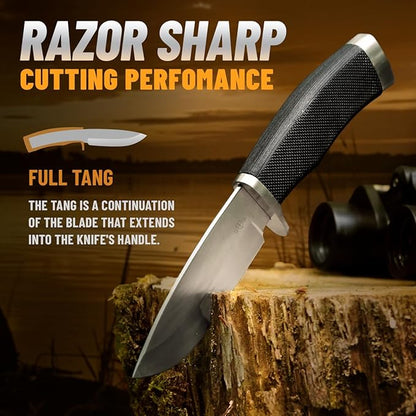 Hunting Knife with Sheath Survival Knives for Men - Best Tactical Camping Hunting Hiking Knife - Bushcraft Field Gear Accessories Tool - Fixed Blade Sharp Knofe with Rubber Handle for Men 148109