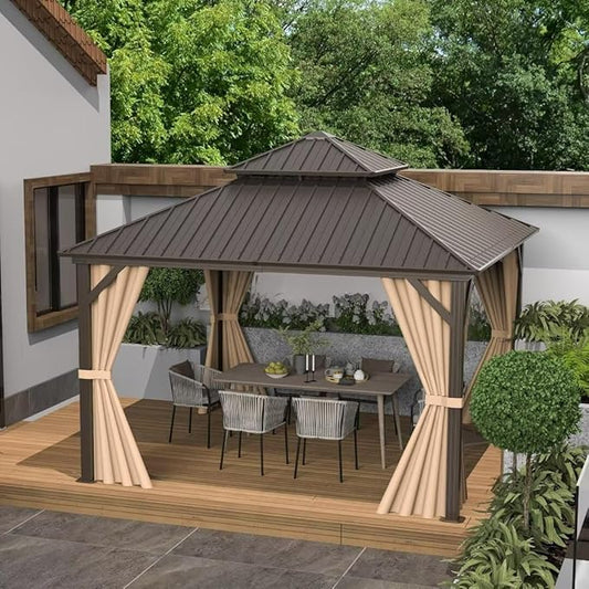 Domi 12'x12' Hardtop Gazebo Canopy,Outdoor Metal Gazebo with Galvanized Steel Double Roof,Curtain and Netting,Permanent Pavilion for Patio Deck,Backyard