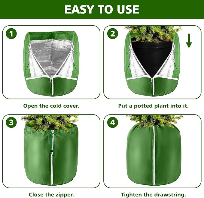 2 Pcs Plant Pot Covers for Winter Potted Plant Freeze Protection Cover Frost Jacket with Zipper Drawstring to Keep Outdoor Plants Flowers Shrubs Trees Warm (17.7" D x 19.7" H - Green)