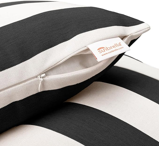 Austin Horn Classics Sunbrella Cabana Stripe White/Black, Knife Edge, Zippered Opening, 24-inch Pillow Cover (Set of 2), No Insert Included