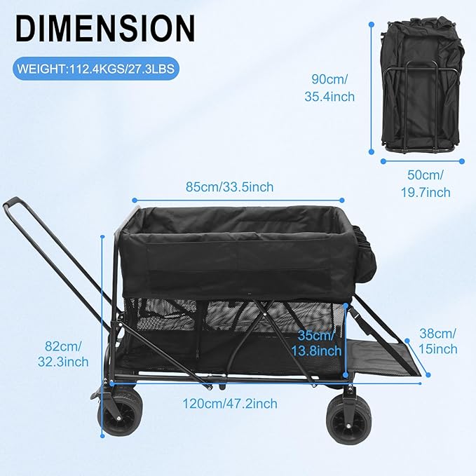 Nice C Push Wagon, Double Decker Wagon, Folding Wagon, Wagons Carts Foldable, Collapsible Wagons, 400L Capacity, Foldable, 47'' Extendable, 4" Wide All Terrain Wheels