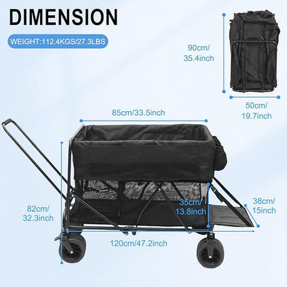 Nice C Push Wagon, Double Decker Wagon, Folding Wagon, Wagons Carts Foldable, Collapsible Wagons, 400L Capacity, Foldable, 47'' Extendable, 4" Wide All Terrain Wheels