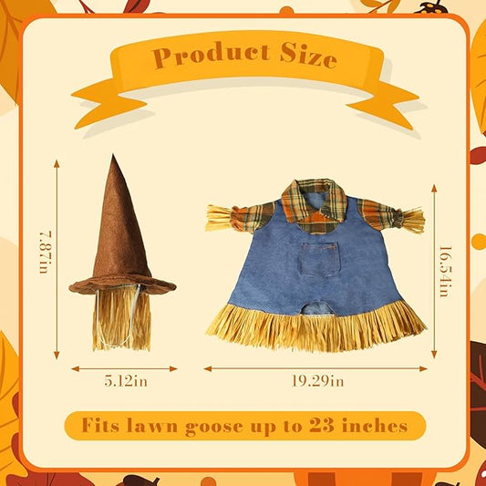 Fall Scarecrow Porch Goose Outfits for 23" Lawn Statue - Cute Hat & Clothes Set for Concrete/Plastic/Cement Goose, Seasonal Autumn Costume for Garden Yard Patio Decor