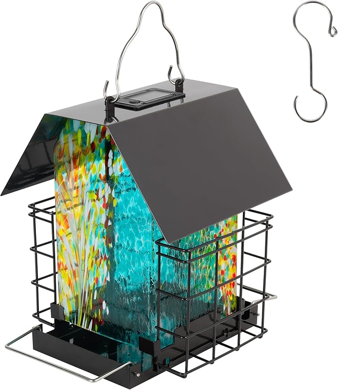 LUJII Solar Bird Feeder for Outdoor Hanging, 2 Suet Cake Cages, Hand-Blown Glass Container, Metal Roof, All-Weather Design for Woodpeckers, Teal