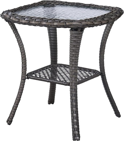 Outdoor Side Tables for Patio, Wicker/Rattan End Tables, Outdoor Wicker Side Table, Grey Rattan Glass Top Patio Side Table