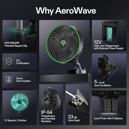 VIVOSUN 2-Pack AeroWave E6 Gen2, Grow Tent Clip Fan 6”, EC Motor, Smart Control, Powerful Oscillating Fan, Local Timer, Weatherproof IP54, for Hydroponics Circulation Cooling, Black