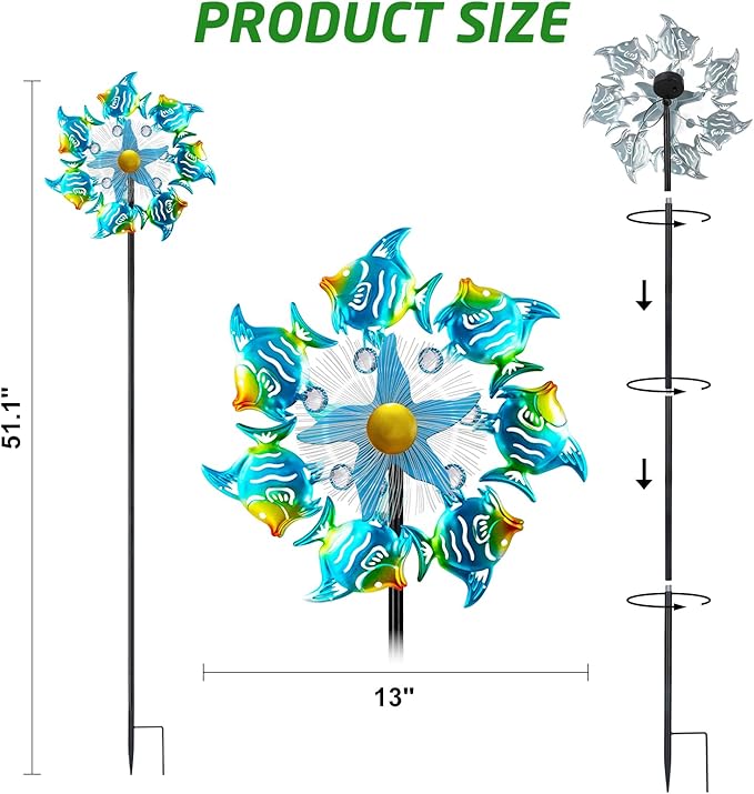 Tropical Fish Solar Wind Spinner Outdoor,51'' Windmill Ocean Theme with Gem Decor Color Changing LED Light Kinetic Wind Sculpture Garden Stakes Yard Art for Patio,Pathway,Lawn,Swimming Pool