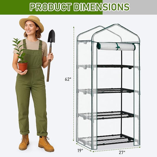 Outvita Mini Greenhouse, Small PE Plant Green House with 4 Tiers Rack, Shelf Clips, Roll-up Zipper Door, Gardening Supplies for Indoor Outdoor Seedling Frost Protection , 27"x19.6"x63" White