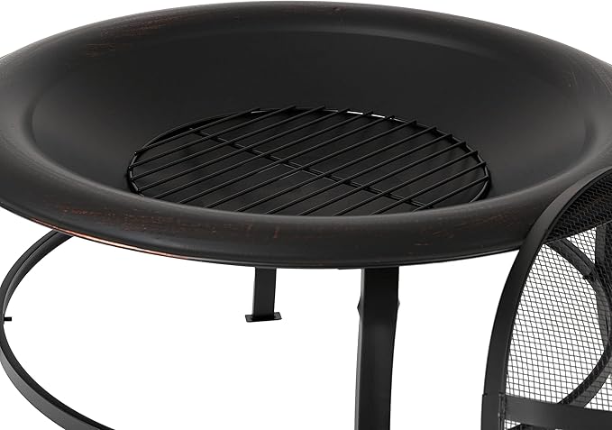 Fire Sense 62237 Fire Pit Tokia Steel Wood Burning Lightweight Portable Outdoor Firepit Rounded Lip & Curved Legs Included Wood Grate & Screen Lift Tool - 30" Round - Black