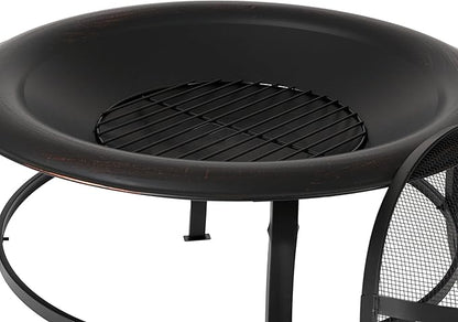 Fire Sense 62237 Fire Pit Tokia Steel Wood Burning Lightweight Portable Outdoor Firepit Rounded Lip & Curved Legs Included Wood Grate & Screen Lift Tool - 30" Round - Black