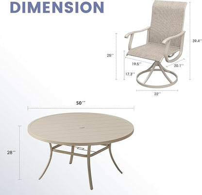 VICLLAX 7 Pieces Outdoor Dining Set, Patio Furniture Set of 6 Patio Swivel Dining Chairs and 50" Patio Round Table, Sandshell Chairs & Sandshell Tabletop