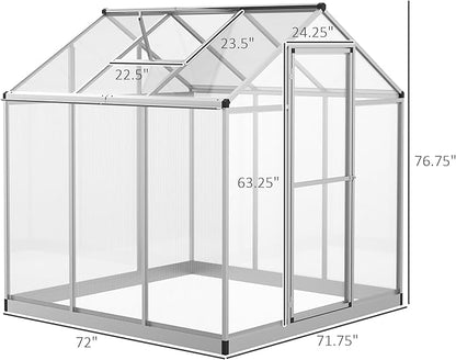Outsunny 6' x 6' Greenhouse for Outdoors, Polycarbonate Greenhouse with Rain Gutter and Roof Vent, Aluminum Walk-in Green Houses for Outside Patio Backyard Garden