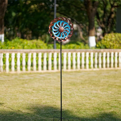 Metal Wind Spinners Outdoor, 14 Inch Dia Kinetic Wind Sculptures & Spinners with Stake, 61" H Windmill Yard Art Decor for Patio Lawn Garden, Copper Blue