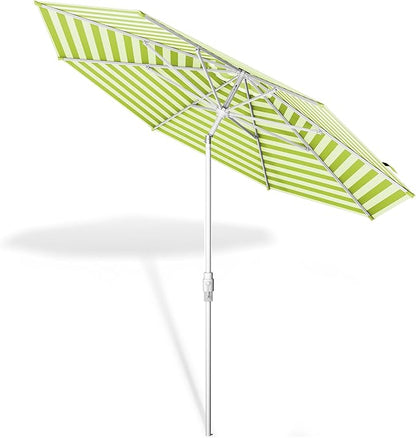 Midtown Umbrellas The Swilt 8 Feet Patio Umbrella in Terylast Pear Stripes (Green/White) Polyester Fabric - Fiberglass Ribs, Auto-Tilt Aluminum Frame For Backyard, Deck, Garden, Pool - White Pole
