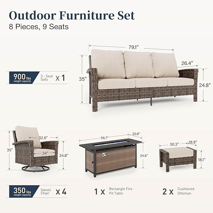 Patio Furniture Set with Swivel Chairs, High Back Wicker Rattan Furniture with 5.5" Thick Cushions, Fire Pit Table and Ottomans, All Weather Outdoor Conversation Set for Backyard Deck,9 Seats, Beige