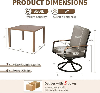 NATURAL EXPRESSIONS 5 Piece Outdoor Patio Dining Sets, 4pcs Swivel Dining Chairs & Square Woodgrain Dining Table with 1.65”Umbrella Hole for Lawn, Garden, Deck, Backyard and Porch