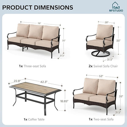 MFSTUDIO 5 PCS Outdoor Patio Furniture Set, Metal Outdoor Conversation Set, Rattan Wicker Patio Sectional Sofa Set with 2 x Swivel Single Sofa, 2-Seat and 3-Seat Sofa, 1 x Coffee Table, Beige