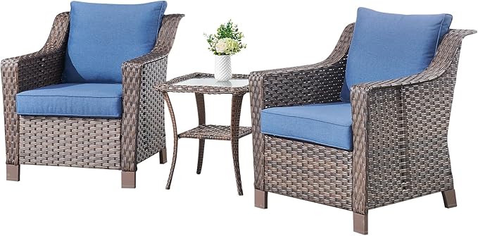 3 Pieces Patio Furniture Set-Wicker Patio Chairs Set of 2 with Tempered Glass End Table Outdoor Patio Chairs for Deck Balcony Poolside Backyard-Brown/Blue