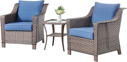 3 Pieces Patio Furniture Set-Wicker Patio Chairs Set of 2 with Tempered Glass End Table Outdoor Patio Chairs for Deck Balcony Poolside Backyard-Brown/Blue