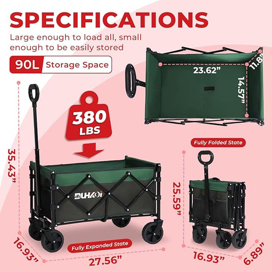 Collapsible Wagon Cart with Wheels Foldable,11 Lbs Lightweight Portable Folding Utility Wagon,90 L Heavy Duty Grocery Shopping Carts,Versatile for Garden Sports Camping Outdoor Use (Army Green)