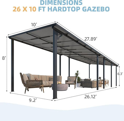 AECOJOY 26' x 10' Gazebo for Patio, Large Wall-Mounted Hard Top Lean-to Gazebo Pergola with Roof 10' x 26' on Clearance, Heavy Duty Patio Awnings for Decks, Backyard