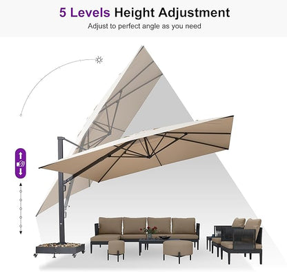 PURPLE LEAF 13 FT Square Patio Umbrella with Base Included Large Outdoor Aluminum Offset Umbrella with 360-degree Rotation Cantilever Umbrella for Garden Deck Backyard Pool Beige