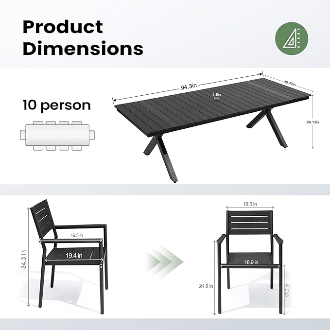 Pellebant 13 Piece Patio Table and Chairs Set for 12, Aluminum Outdoor Dining Set with Umbrella Hole, Stackable Dining Chairs & 114" Dining Table, Black