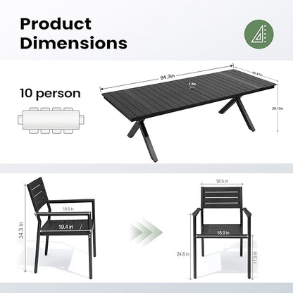Pellebant 13 Piece Patio Table and Chairs Set for 12, Aluminum Outdoor Dining Set with Umbrella Hole, Stackable Dining Chairs & 114" Dining Table, Black