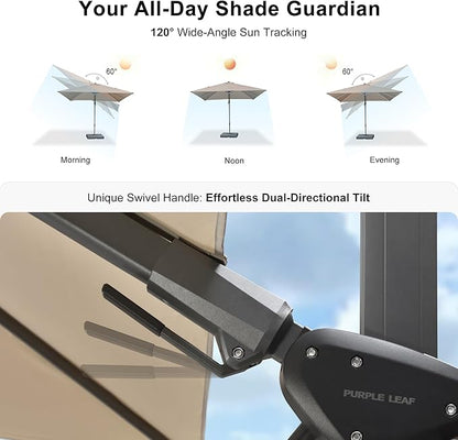 PURPLE LEAF 10 Feet Patio Umbrella Outdoor Cantilever Solar Powered LED Swivel Square Umbrella Aluminum Offset Umbrella with 360-degree Rotation for Garden Deck Pool Patio, Beige