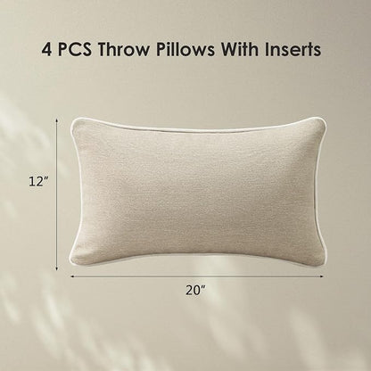 Decorative Outdoor Water Repellent Throw Pillows with Inserts, Set of 4, 20" x12" Pillows for Patio, Backyard, Bed, Couch, and Patio Furniture, Tan