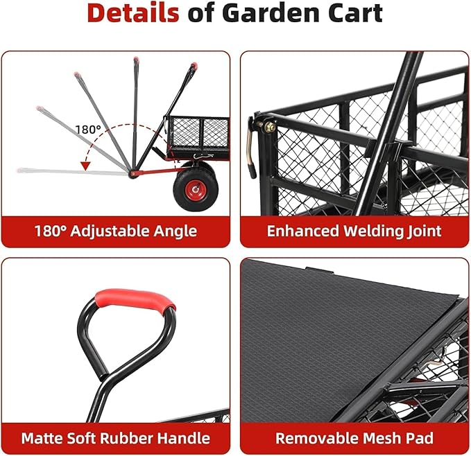 880 Lb Tire Steel Garden Dump Cart, Heavy-Duty Dump cart Wagon and Wagons with 4-Side Removable Mesh and 180° Swivel Handle, 10" Tires, Patio Dump Cart Utility Wagon, Metal Push Trolley