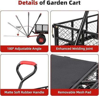 880 Lb Tire Steel Garden Dump Cart, Heavy-Duty Dump cart Wagon and Wagons with 4-Side Removable Mesh and 180° Swivel Handle, 10" Tires, Patio Dump Cart Utility Wagon, Metal Push Trolley