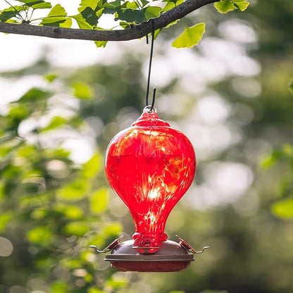 Hummingbird Feeders 32OZ Glass Hummingbird Feeder, 4 Perch Ant Moat Leakproof, Garden Decor (Red Lily)