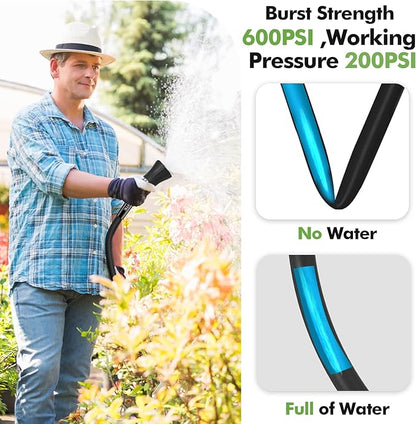 SPECILITE 3/4" Garden Hose 25 ft with High Flow Nozzle, Heavy Duty Flexible Hybrid Rubber Water Hose for Outdoor, Lightweight, Leak-Proof, No-Kink, 3/4"Brass Fittings,Black