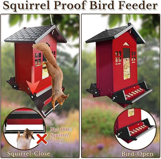 Squirrel Proof Bird Feeder, Red Metal Bird Seed Feeder for Outdoors Hanging Chew-Proof, 6lbs Large Seed Capacity for Cardinal, Finch, Sparrow, Blue Jay, Swallow
