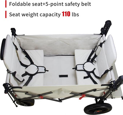 Collapsible Foldable Wagon Cart with Quick-Release Wheels & 2 Seats Camping Wagon- Heavy-Duty Utility Wagon 265LBS Capacity for Camping, Garden, Shopping (Beige)