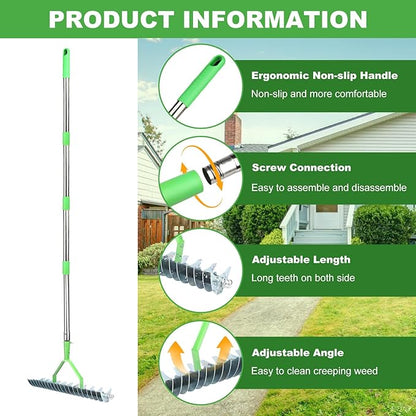 Thatch Rake, 66 Inch Long Dethatching Rake with 12.4 Inch Wide Double Sided Steel Teeth, Heavy Duty Garden Rakes with Efficient Metal Handle for Cleaning Grass, Loosening Lawn Soil
