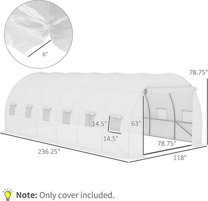 Outsunny 19.7' x 9.8' x 6.6' Plastic Greenhouse Cover Replacement, Heavy Duty Waterproof Tarp for Hoop House, Sheeting with 12 Windows, Door & Reinforcement Grid, White