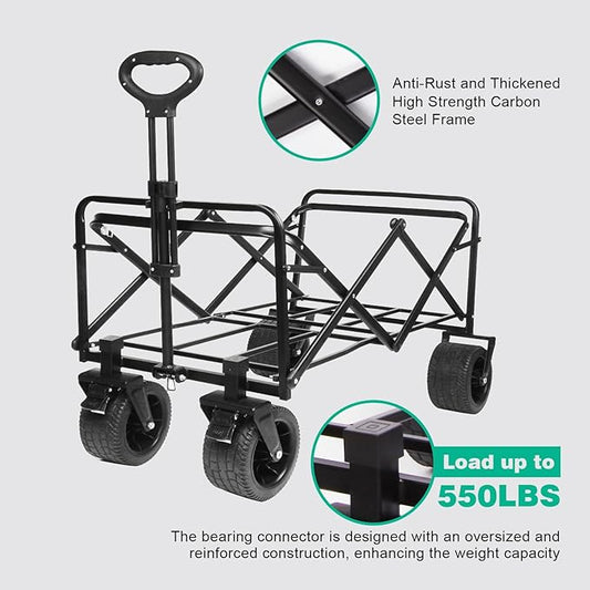 MMQ Heavy-Duty Folding 550 Lbs Collapsible Wagon with Big Wheels - Robust Construction, Spacious Interior, Adjustable Rolling Carts, Outdoor Folding Camping Wagons, Portable Utility Cart (Black)