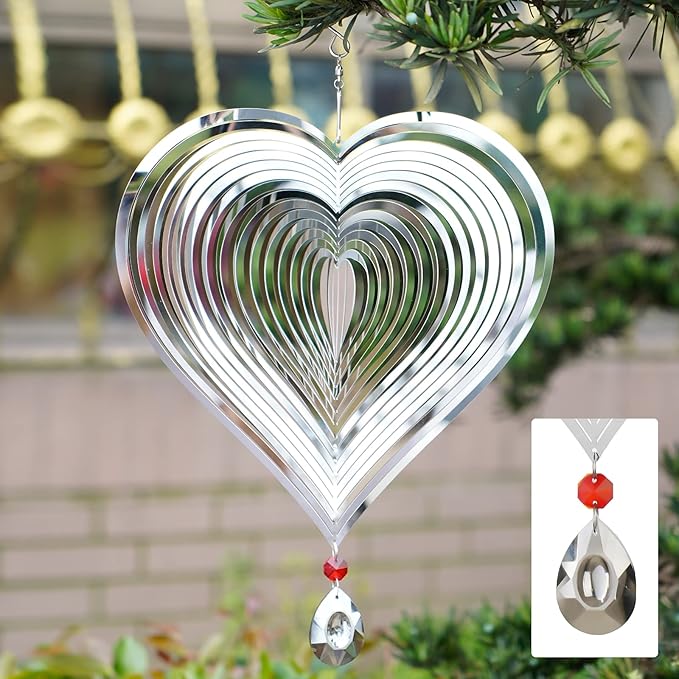 Wind Spinner, Hanging Wind Sculptures,Wind Spinners for Yard and Garden Decor,Yard Decorations Outdoor,Hanging Art Ornaments for Garden Yard Balcony Decor (Silver Heart)