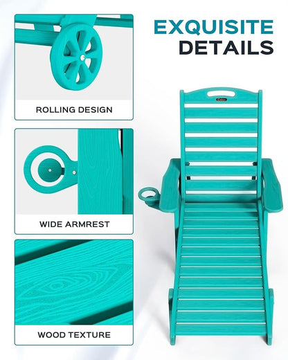 Outdoor Chaise Lounge Chair Set of 2, Patio Lounge Chairs for Outside, HDPE Lounge Chair with Wheels & Cup Holder, Poly Chair with 5 Position for Poolside, Deck, Lake Blue