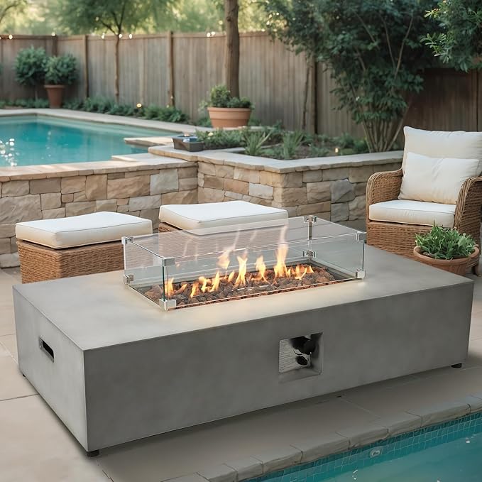 2-Piece 54" Outdoor Propane Fire Pit Table Set, 50,000 BTU Rectangle Concrete Gas Fire Pit Coffee Table W Glass Wind Guard, Lava Rocks, Waterproof Cover for Patio, Backyard, Garden, Porch, Deck