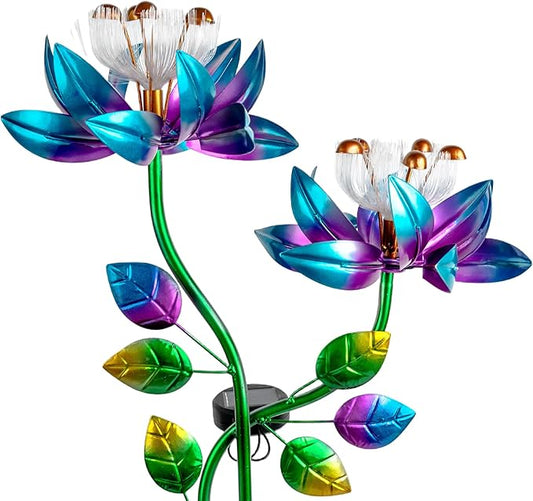 55'' Solar Powered Kinetic Wind Spinner Sculpture Blue Lotus Metal Stake Spinner for Patio, Lawn and Garden Decor Weather-Resistant Outdoor Art with Dual Lotus Design